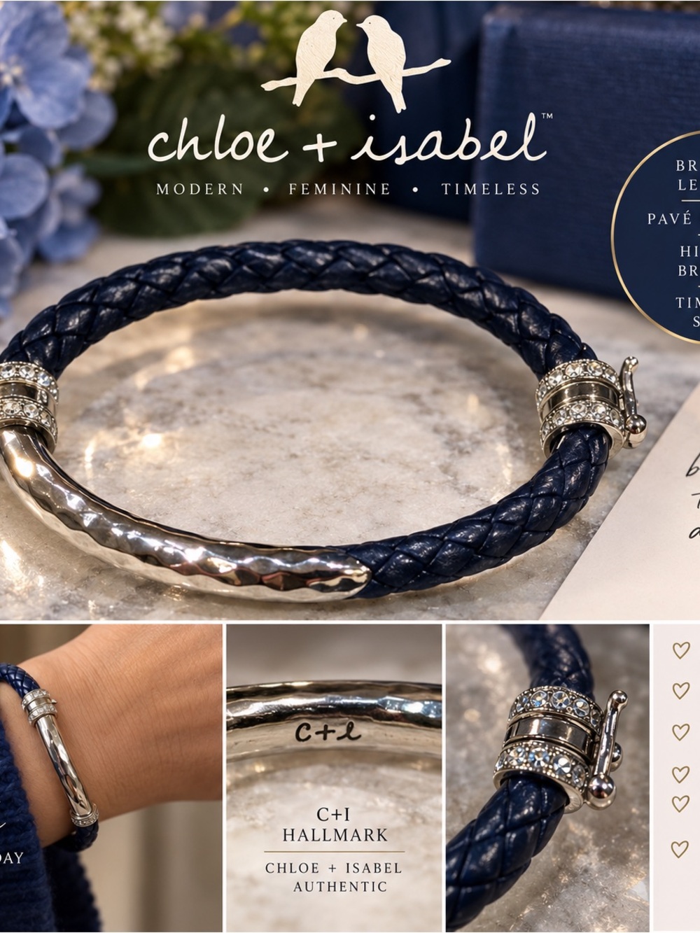 Chloe + Isabel Navy Braided Leather Bracelet with Silver Pavé Clasp